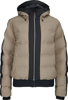 Herren-Beige-Jacke mit schwarzem Streifen und Kapuze.