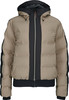 Herren-Beige-Jacke mit schwarzem Streifen und Kapuze.