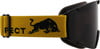 Skibrille mit gelbem Band mit Bullenlogo und Schriftzug.
