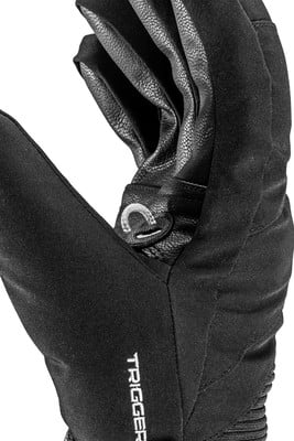 Schwarze Handschuhe mit Lederdetails und Trigger-Logo. Schwarze Handschuhe mit Lederdetails und Trigger-Logo.