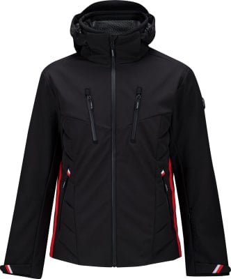 Schwarze Herren-Skijacke mit roten und weißen Details. Schwarze Herren-Skijacke mit roten und weißen Details.