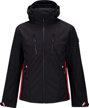Schwarze Herren-Skijacke mit roten und weißen Details.