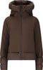 Braune Daunenjacke mit Kapuze und Reißverschluss.