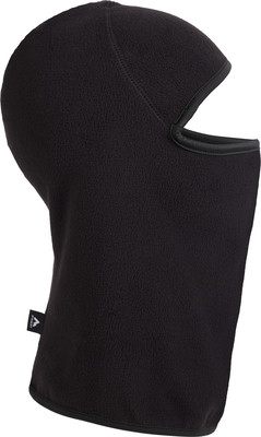 Schwarze Fleece-Sturmhaube mit Augenöffnung und Logo an der Seite.