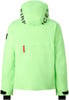 Grüne Jacke mit Kapuze und schwarzem Schriftzug auf dem Rücken.