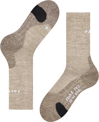Zwei beige Socken mit schwarzer Ferse und Markenlogo.