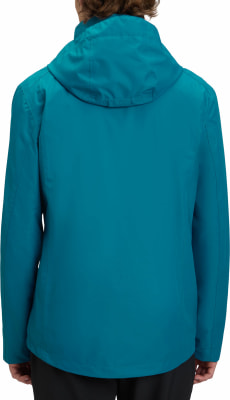 Rückansicht einer blaugrünen Jacke mit Kapuze. Rückansicht einer blaugrünen Jacke mit Kapuze.