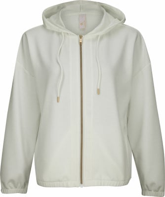 Weiße Damenjacke mit Kapuze und goldenem Reißverschluss, lockerer Schnitt. Weiße Damenjacke mit Kapuze und goldenem Reißverschluss, lockerer Schnitt.