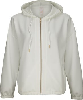 Weiße Damenjacke mit Kapuze und goldenem Reißverschluss, lockerer Schnitt.
