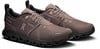 Braune wasserdichte Laufschuhe mit schwarzer Sohle und grauen Schnürsenkeln.