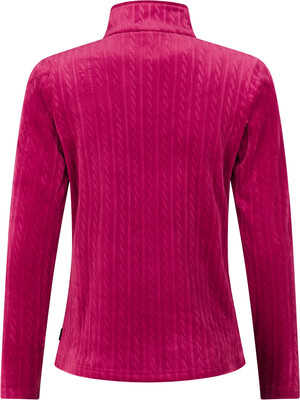 Ein pinker Pullover mit langen Ärmeln und Stehkragen, mit Zopfmuster-Struktur. Ein pinker Pullover mit langen Ärmeln und Stehkragen, mit Zopfmuster-Struktur.