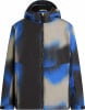 Eine Kapuzenjacke mit abstraktem blau-grauem Muster und schwarzen Akzenten.