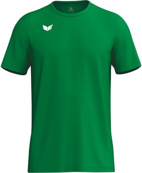 Grünes T-Shirt mit kurzen Ärmeln und weißem Logo auf der Brust.