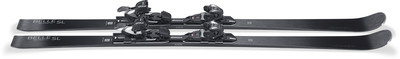 Schwarze Skier mit schwarzer Bindung auf weißem Hintergrund. Schwarze Skier mit schwarzer Bindung auf weißem Hintergrund.