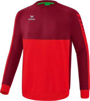 Rotes Sweatshirt mit dunkleren Ärmeln und Erima-Logo auf der Brust.