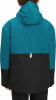 Rückansicht einer blau-schwarzen Jacke mit Kapuze und reflektierendem Detail.