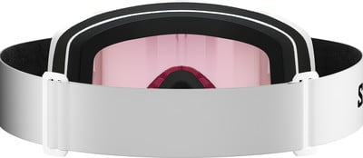 Skibrille mit rosa Linse und weißem Riemen. Skibrille mit rosa Linse und weißem Riemen.