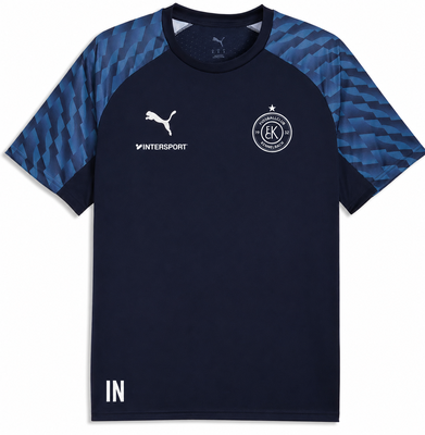 Dunkelblaues Puma-Shirt mit Logo und Ärmelmuster.