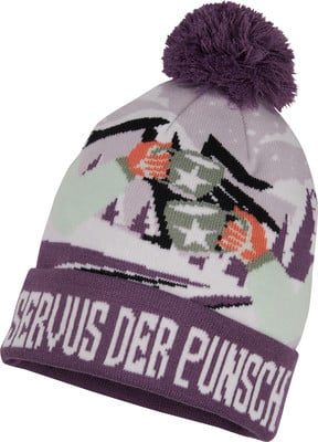 Lila Bommelmütze mit Wintermotiv und Schriftzug. Lila Bommelmütze mit Wintermotiv und Schriftzug.