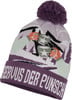 Lila Bommelmütze mit Wintermotiv und Schriftzug.