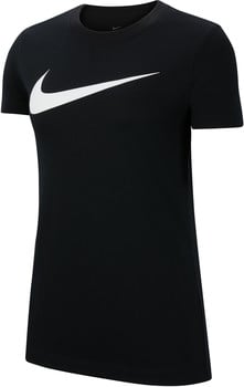 Schwarzes Nike-T-Shirt mit weißem Logo auf der Brust.