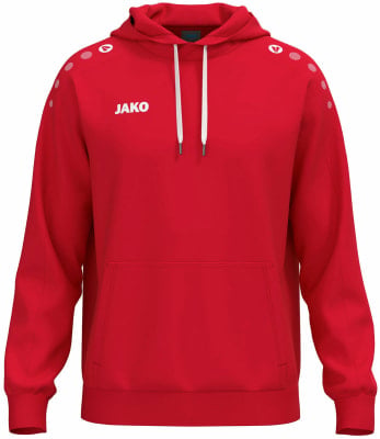 Rote Kapuzenpullover mit weißem JAKO-Logo und Punkten auf den Schultern. Rote Kapuzenpullover mit weißem JAKO-Logo und Punkten auf den Schultern.