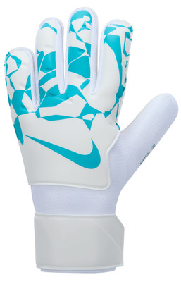 Fehér Nike kapuskesztyű türkiz geometriai mintával és Nike logóval. Fehér Nike kapuskesztyű türkiz geometriai mintával és Nike logóval.