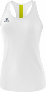 Weißes Sport-Tanktop mit Erima-Logo und gelbem Streifen am Rücken.