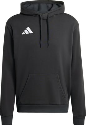 Schwarzer Kapuzenpullover mit weißem Adidas-Logo auf der Brust. Schwarzer Kapuzenpullover mit weißem Adidas-Logo auf der Brust.