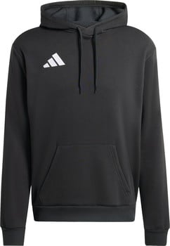 Schwarzer Kapuzenpullover mit weißem Adidas-Logo auf der Brust.
