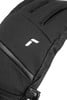 Schwarze Handschuhe mit weißem Logo und Lederdetails.