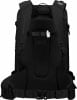 Schwarzer Wanderrucksack mit gepolstertem Rücken und Schultergurten.