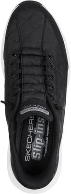 Schwarzer gesteppter Skechers Slip-ins Sneaker mit weißer Sohle und Schnürung. Schwarzer gesteppter Skechers Slip-ins Sneaker mit weißer Sohle und Schnürung.