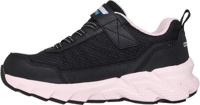 Schwarzer Kinderschuh mit rosa Sohle und Klettverschluss. Schwarzer Kinderschuh mit rosa Sohle und Klettverschluss.