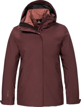 Damen-Weinrotjacke mit Kapuze und Schöffel-Logo am Ärmel.