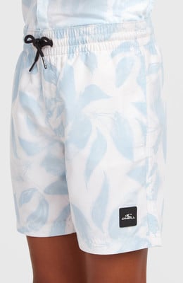 Kurze weiße Badeshorts mit blauem Blattmuster und O'Neill-Logo. Kurze weiße Badeshorts mit blauem Blattmuster und O'Neill-Logo.
