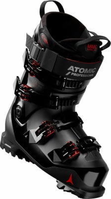 Schwarzer Atomic-Skischuh mit roten Details und Schnallen.
