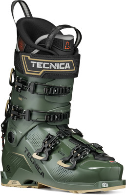 Ein grüner Tecnica Skischuh mit Schnallen und Markenlogo.