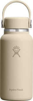 Helle beige Hydro Flask Flasche mit Logo und Griff.