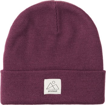 Eine burgunderrote Strickmütze mit einem weißen Etikett, das Berge und eine Sonne zeigt.
