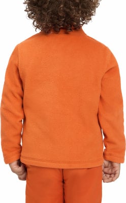 Rückansicht einer orangefarbenen Fleecejacke mit lockigem Haar. Rückansicht einer orangefarbenen Fleecejacke mit lockigem Haar.