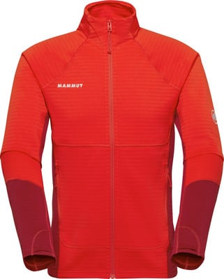 Rote Herrenjacke von Mammut mit Reißverschluss und Logo auf der Brust. Rote Herrenjacke von Mammut mit Reißverschluss und Logo auf der Brust.