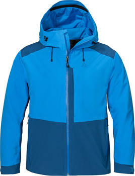 Blaue Herren-Skijacke mit Kapuze und kontrastierenden Einsätzen.