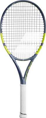 Tennisschläger mit dunkelblauem Rahmen und gelben Akzenten, weißem Griffband.