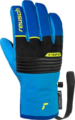 Blaue Reusch Skihandschuhe mit gelben Details und Logo. Blaue Reusch Skihandschuhe mit gelben Details und Logo.