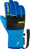 Blaue Reusch Skihandschuhe mit gelben Details und Logo.