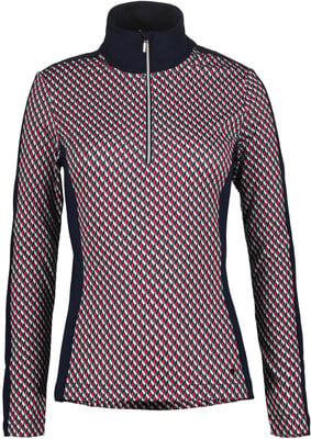 Dunkelblauer Damenpullover mit rot-weißem Muster und Reißverschluss am Kragen. Dunkelblauer Damenpullover mit rot-weißem Muster und Reißverschluss am Kragen.