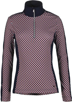 Dunkelblauer Damenpullover mit rot-weißem Muster und Reißverschluss am Kragen.