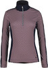 Dunkelblauer Damenpullover mit rot-weißem Muster und Reißverschluss am Kragen.