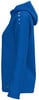Blauer Kapuzenpullover mit Logo auf der Schulter und kleinem Etikett unten.